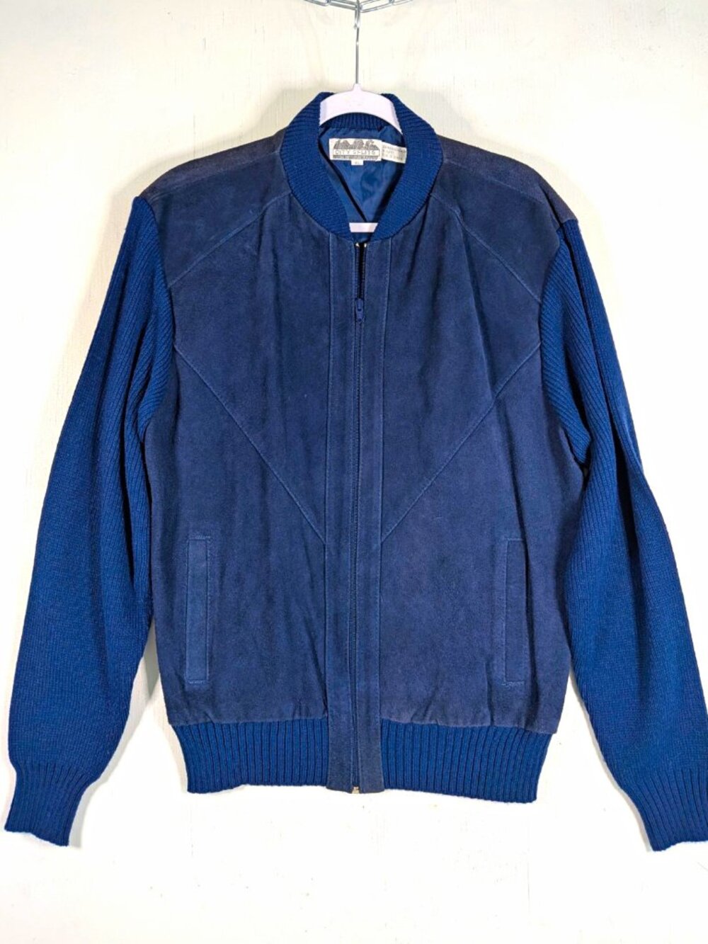 Vintage 80s Suede Leather Knit Bomber Jacket Mens XL Navy Blue Zip City Splits